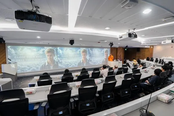 A wide view of the tiered auditorium