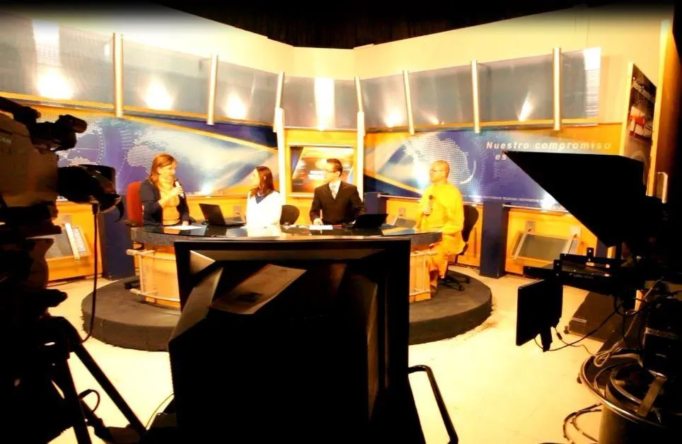 In the studio of the local TV station